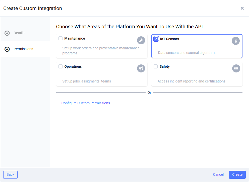 Create Custom Integration: choose the areas the API key can use