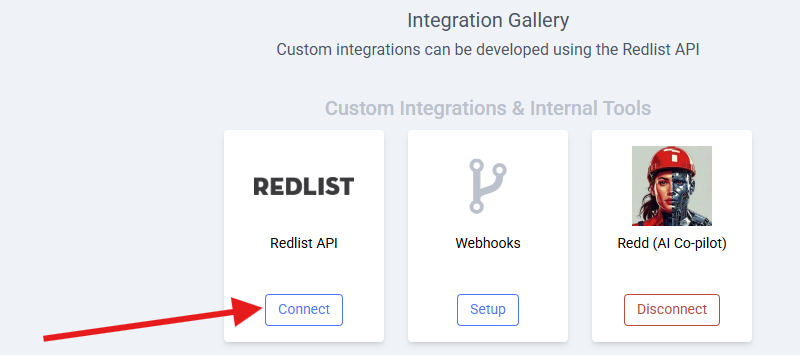 Integration Gallery: select Connect on the Redlist API card