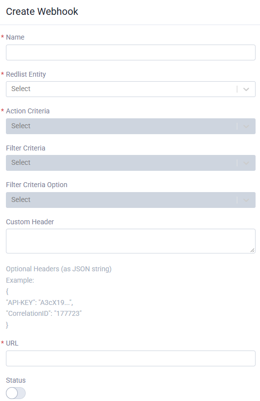 Create Webhook panel in the Integration Hub